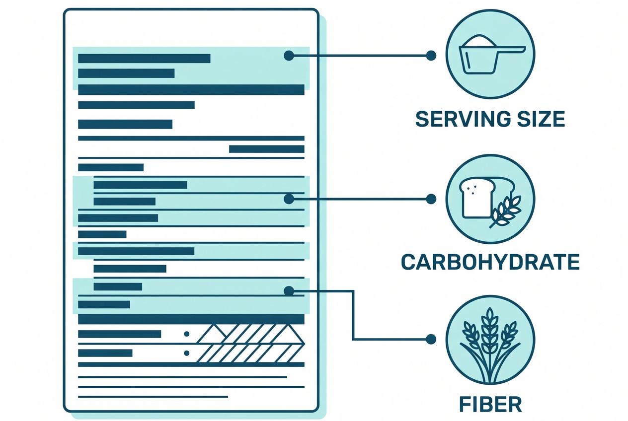 Food label sections compared for carbohydrates, fiber and added sugars
