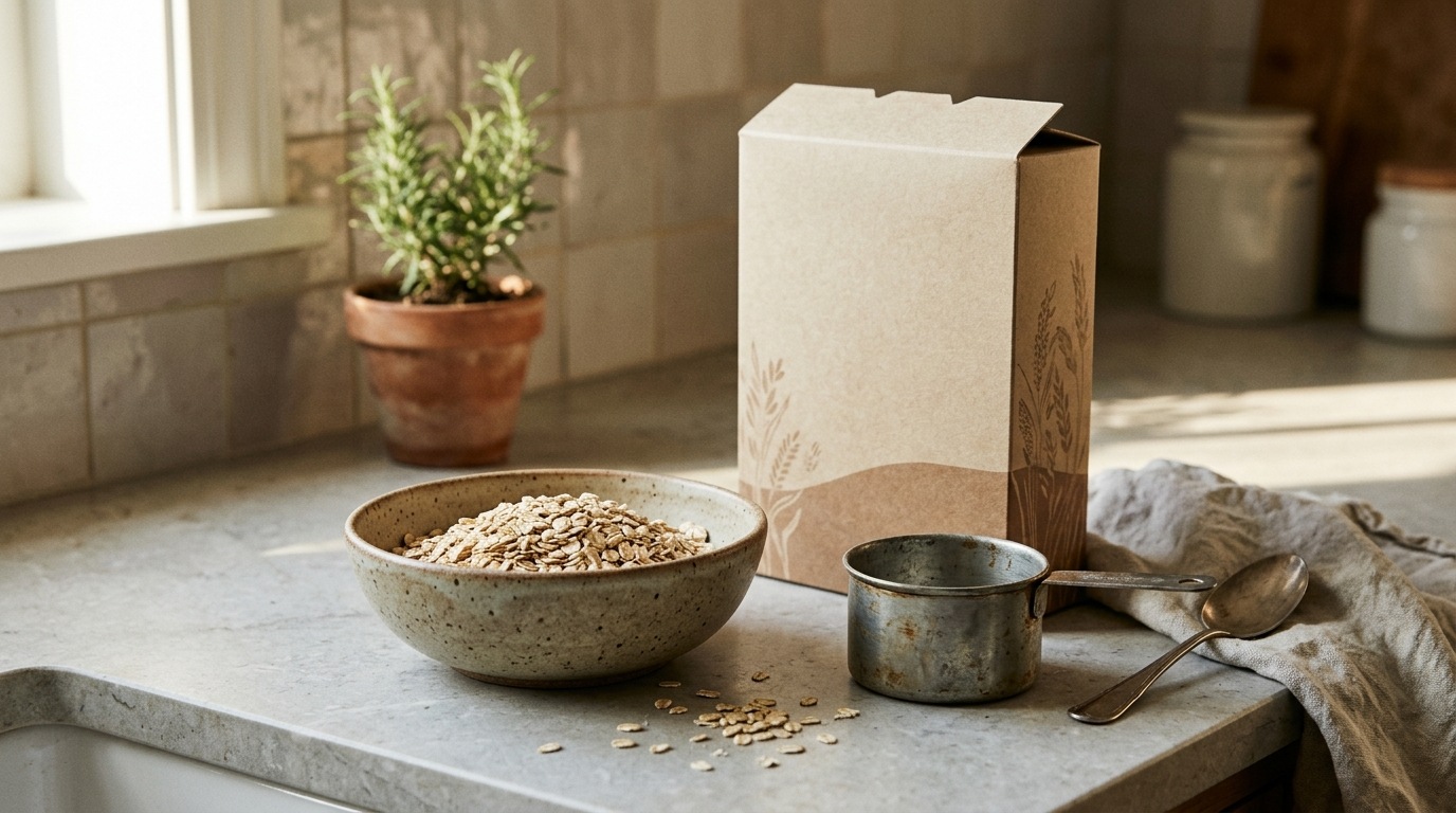 A measuring cup and a bowl of oats beside a closed cereal box
