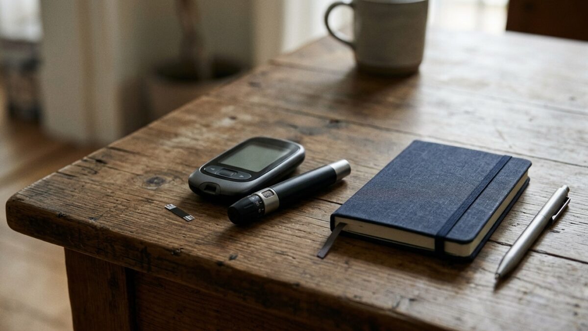 A glucose meter, a lancing device and a notebook on a table