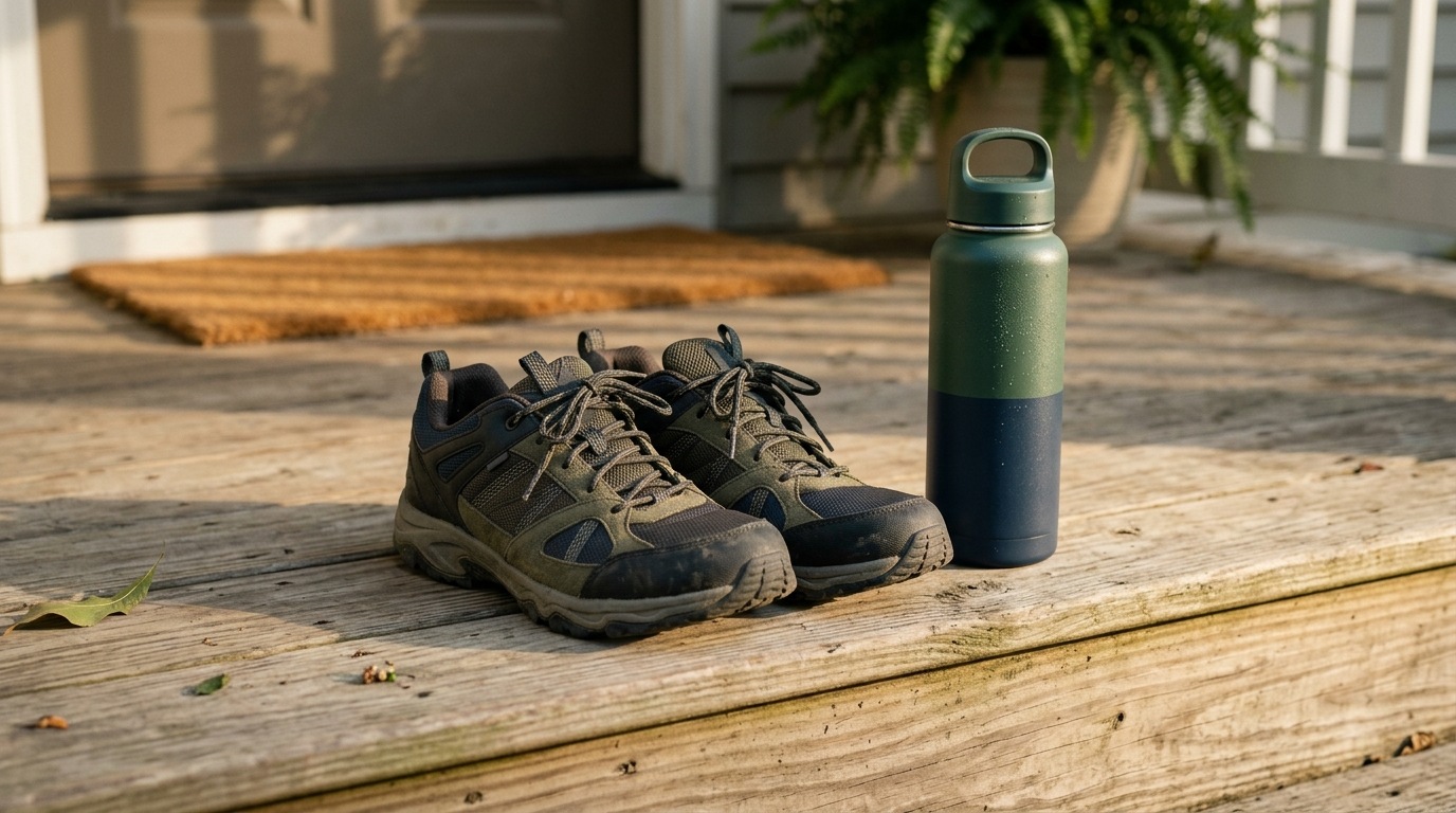Walking shoes beside a water bottle on a porch step