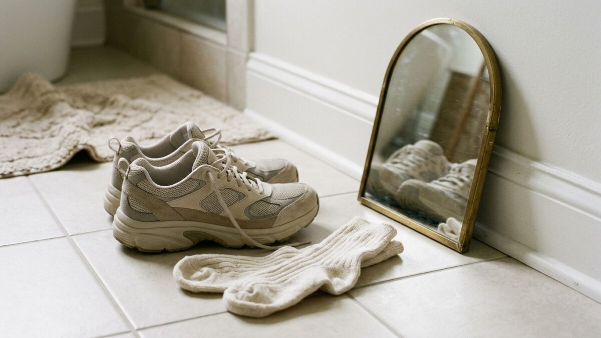 Soft cotton socks and supportive shoes beside a mirror