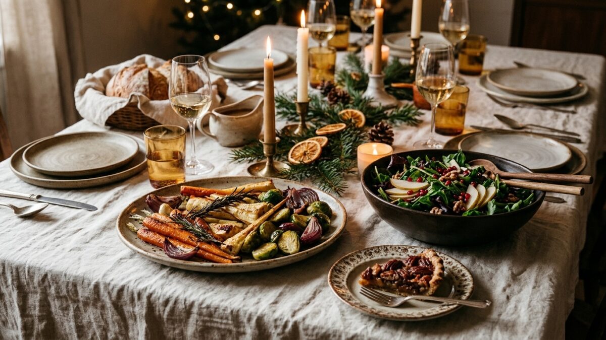 A holiday table with roasted vegetables, salad and a small dessert